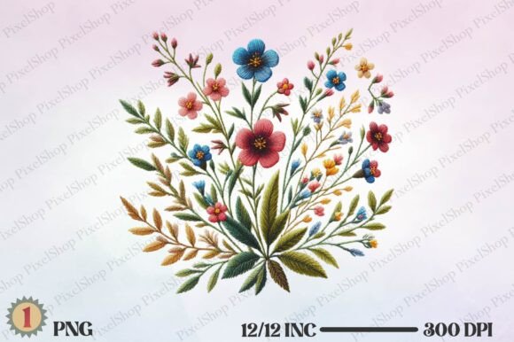 Watercolor Embroidery Wildflowers PNG